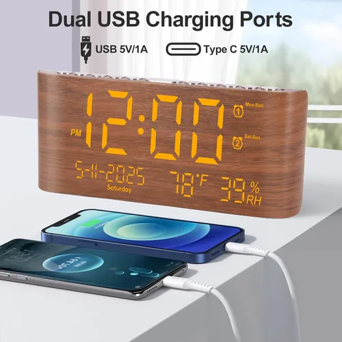 Vista 5 de PPLEE Reloj despertador digital de 8.7 pulgadas para dormitorio, reloj digital con día de la semana, mes, año, humedad y temperatura, brillo