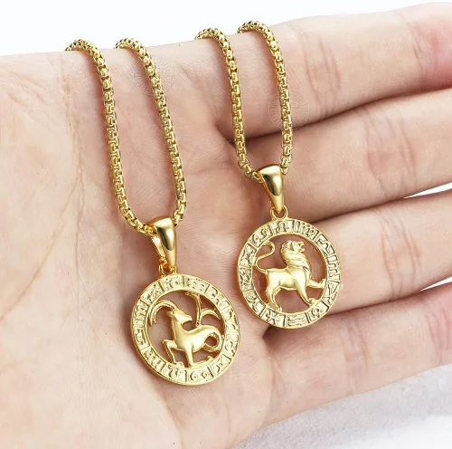 Vista 5 de Collar con colgante de signo del zodiaco chapado en oro para mujeres y hombres, Leo Aries, colgante de horóscopo de constelación de acero