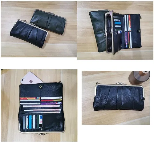 Vista 8 de Carteras de cuero suave para mujer compactas plegables RFID monedero con cremallera y bloqueo de beso Negro - Vintage