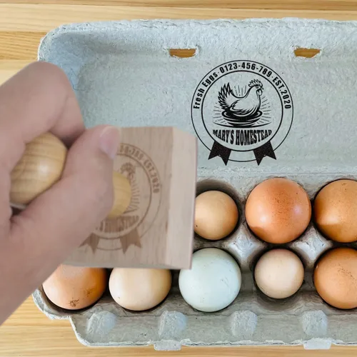 Vista 6 de Sellos de cartón de huevos personalizados, 4 tamaños, sello de pollo personalizado, 12 diseños, sello de goma para cartón de huevos, sellos