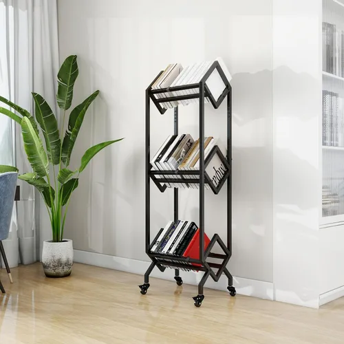 Vista 2 de VENNQD Estantería de metal industrial para libros, soporte de 3 niveles con ruedas, diseño moderno y elegante, revistas, archivos, álbum de recetas