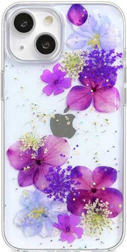 Vista 24 de Abbery Funda diseñada para iPhone 13 Pro con diseño de flores prensadas con purpurina y diseño de goma de silicona suave, diseño de flores reales