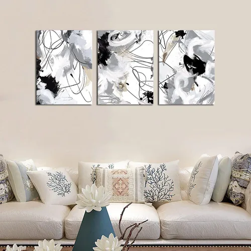 Vista 3 de Lienzo abstracto para pared, para dormitorio, baño, sala de estar, decoración de pared, negro, blanco, gris, moderno, abstracto, lienzo, impresiones