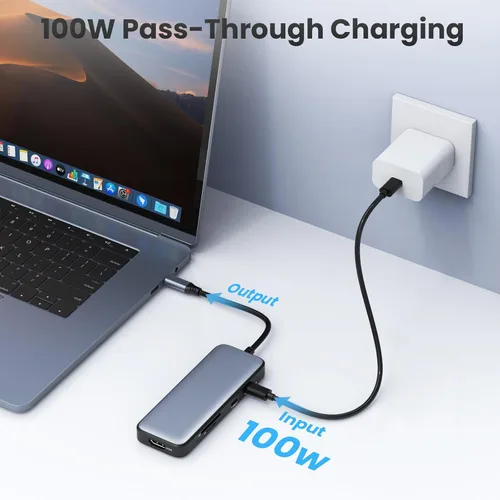 Vista 3 de Hub USB C, Adaptador Multipuerto USB C 8 en 1 con HDMI 4K, 100W PD, 3 Puertos de Datos USB-A, Hub USB Tipo C de Aleación de Aluminio para MacBook