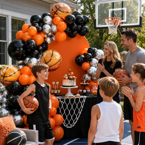 Vista 5 de Kit de guirnalda de globos de baloncesto, globos metálicos naranjas, negros y plateados con globos de papel de aluminio de baloncesto para Rojo Azul