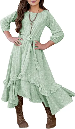 Vista 12 de MITILLY Vestido largo maxi suelto liso de manga 3/4 casual con bolsillos y volantes estilo swing con cinturón para niñas 01 Azul oscuro fultter