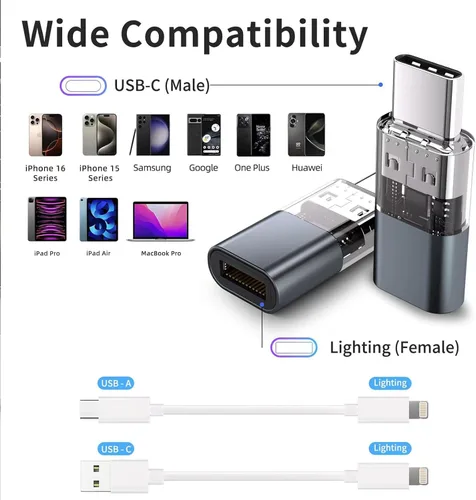 Vista 7 de Paquete de 4 adaptadores Lightning a USB C para iPhone 15/16/16 Pro Max/Plus, Samsung S24, soporta carga y transferencia de datos, cable conector