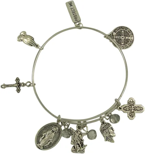 Vista 4 de Pulsera con dije católico con San Benito, San Miguel, Medalla Milagrosa, Cruz de cuatro vías, crucifijo y más colgantes de medalla, 7 12 pulgadas