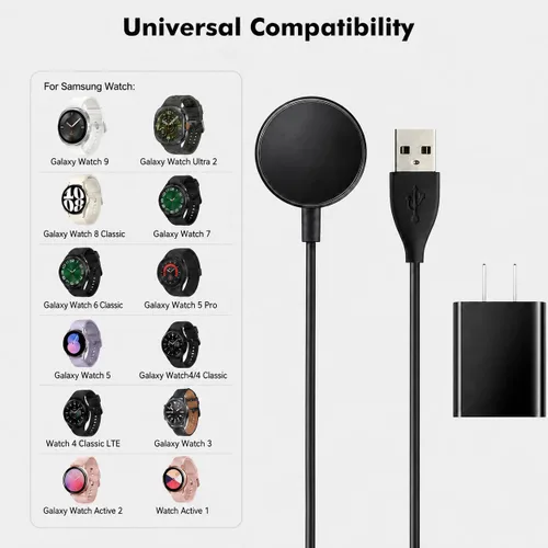 Vista 2 de Cargador de reloj compatible con Samsung Galaxy Watch 9/8/8 Classic, 7/6/Ultra 2, 5/5 Pro/4/4/6 Classic/3/Active 2/1, adaptador y cable de carga