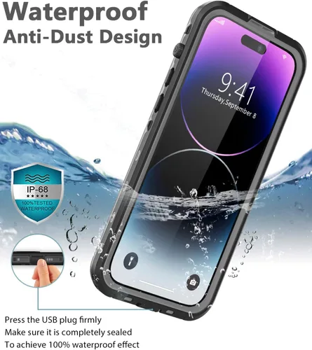 Vista 4 de Funda impermeable diseñada para iPhone 14 Pro Max, a prueba de golpes y polvo con protector de pantalla, funda protectora de cuerpo completo
