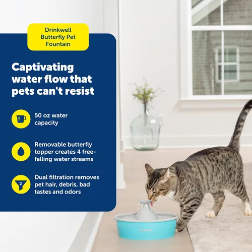 Vista 2 de PetSafe Fuente de agua Butterfly Cat con bomba y filtros, bonito dispensador de agua con capacidad de 50 onzas, bomba y filtros mantienen el agua
