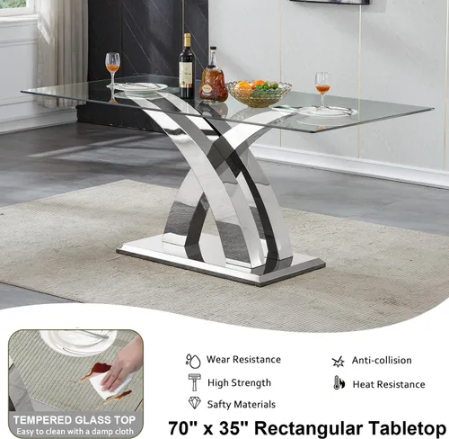 Vista 4 de Juego de mesa de comedor de cristal plateado moderno de 70 pulgadas para 4, juego de mesa de comedor rectangular de 5 piezas con patas de acero