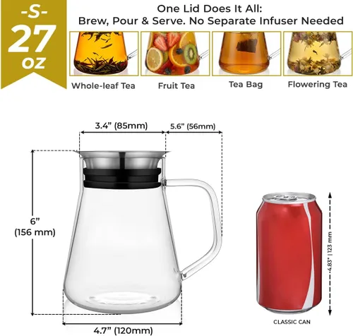 Vista 4 de Aquach Tetera de vidrio de 27 onzas con tapa de filtro inteligente, hervidor de té de vidrio de borosilicato seguro para estufas con infusor