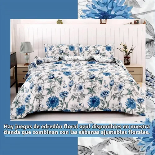 Vista 4 de SDIII Sábana bajera ajustable azul floral individual con 2 fundas de almohada, no incluye sábana encimera, microfibra suave azul vintage, sábanas