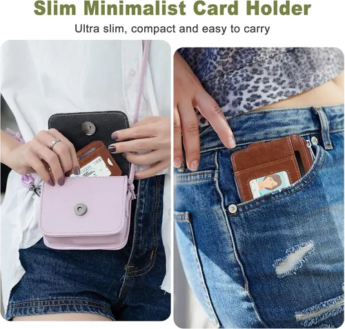 Vista 6 de Cartera de bolsillo frontal minimalista billeteras de cuero delgada billetera clip dinero bloqueo RFID, Marrón