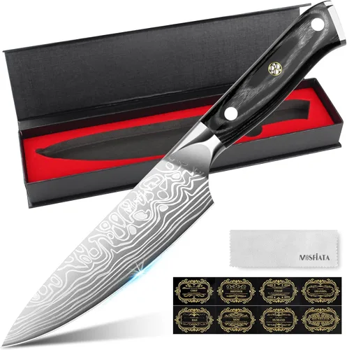 Vista 10 de MOSFiATA - Cuchillo de chef de 10 pulgadas súper afilado, cuchillo de cocina profesional con protector de dedos en caja de regalo, cuchillo