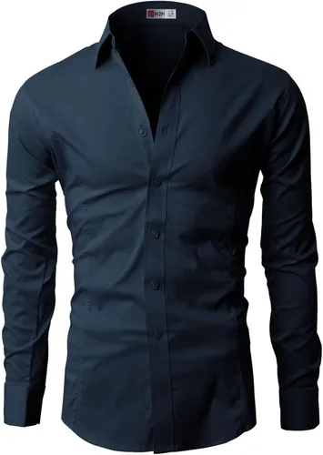 Vista 4 de H2H Camisas de vestir ajustadas para hombre, elásticas, de manga larga, básicas, formales, lisas, informales, para negocios, camisas con botones