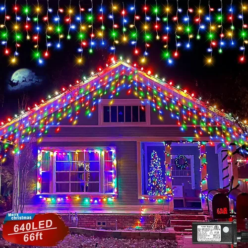 Vista 16 de Luces de carámbano para exteriores, 16.5 pies, 200 luces LED de Navidad para exteriores, impermeables, 8 modos de enchufe, cortina de luz conectable