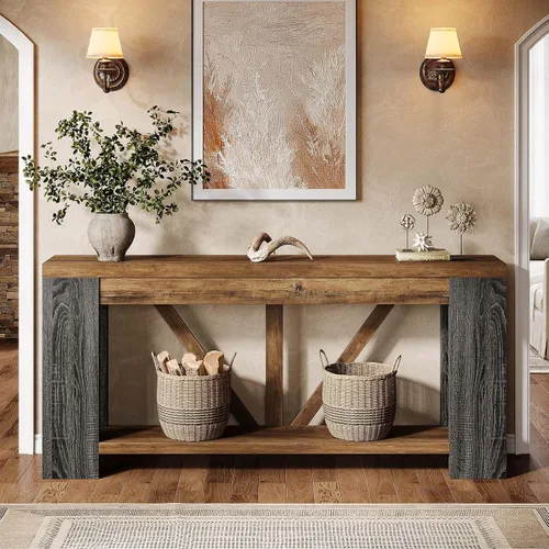 Vista 3 de Tribesigns Mesa de entrada extra larga de 70.9 pulgadas, mesa consola de madera de granja con almacenamiento, mesa de sofá moderna detrás del sofá