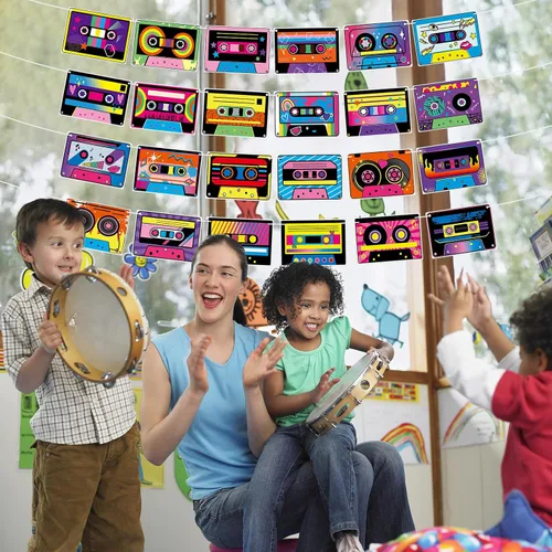 Vista 6 de 4 pancartas de fiesta con cinta de casete, decoración de casete retro para radio Boombox, decoración de casete para cumpleaños de los años 80 y 90