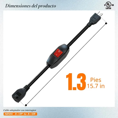 Vista 4 de Cable de extensión de interruptor de encendido/apagado en línea, cables de alimentación conmutables para el hogar de 3 clavijas, resistente 15A