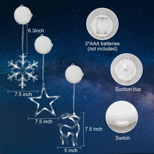 Vista 6 de 3 piezas de luces de ventana de Navidad, decoraciones de ventana de Navidad con batería, luces colgantes de Navidad en forma de copo de nieve