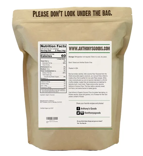 Vista 2 de Harina de Coco Orgánica de Anthony's, 4 lb, Probada por Lotes Sin Gluten, Sin OGM, Vegana, Apta para Keto