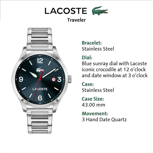 Vista 5 de Lacoste Traveler - Reloj casual de cuarzo para hombre, acero inoxidable y pulsera, color plateado (modelo 2011108), plateado, 2011108 - VIAJERO