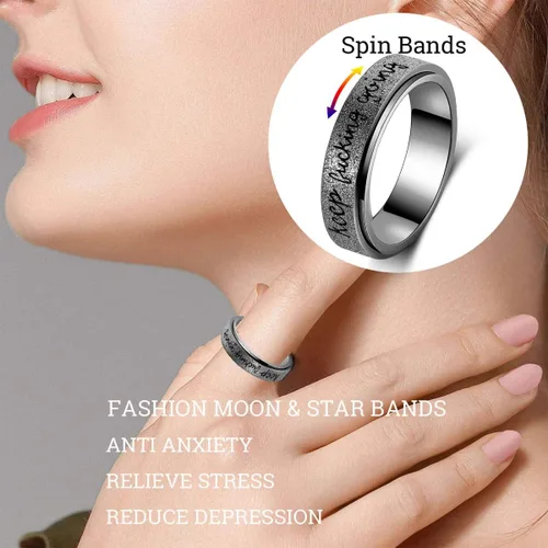 Vista 3 de LuckyAmor Anillo para ansiedad para mujer anillo giratorio de acero inoxidable con mantra inspirador personalizado para hombres, mujeres y amigos