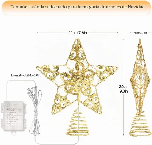 Vista 4 de Decoración de estrella para árbol de Navidad, decoración de estrella para árbol de Navidad con 40 luces LED y control remoto, 8 modos
