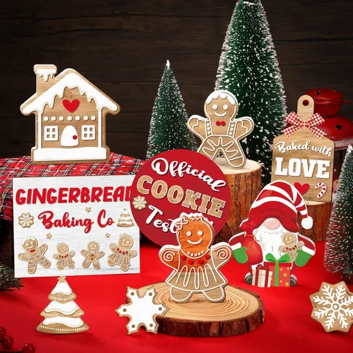 Vista 5 de BBTO 13 piezas de bandeja escalonada de Navidad decoración de Navidad para interiores, letrero de madera para casa de Navidad, pan de jengibre