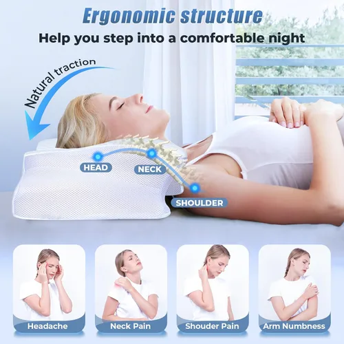 Vista 8 de SAHEYER Almohada cervical para el cuello, almohada de espuma viscoelástica para aliviar el dolor de cuello y ronquidos, almohada ergonómica