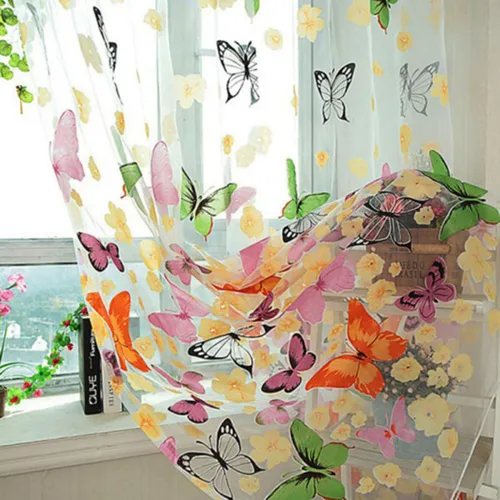 Vista 2 de Cortina de gasa transparente con patrón de mariposa de 3.3 x 6.6 ft, cortina de tul para puerta de ventana, para dormitorio, sala de estar, balcón