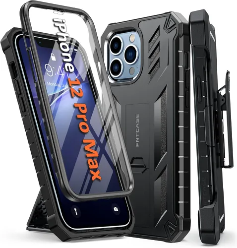 Vista 9 de FNTCASE Funda para iPhone 12 Pro Max: [Protector de pantalla y soporte integrados] [Protección contra caídas de grado militar] Funda de teléfono