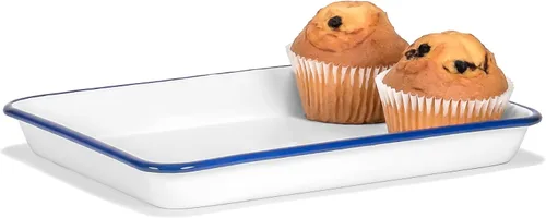 Vista 6 de Red Co. Bandeja de servir rectangular clásica de esmaltería metálica de 2 cuartos de galón, 11 x 9 pulgadas, blanco sólido/borde azul marino