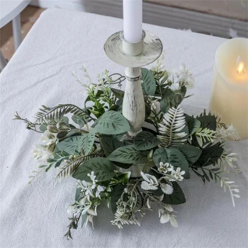 Vista 2 de Paquete de 2 coronas de eucalipto artificiales, anillos de vela, coronas de 10 pulgadas, pequeños candelabros bohemios para boda, hogar, puerta