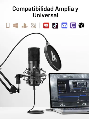 Vista 8 de MAONO Micrófono de condensador XLR/USB: 192kHz/24Bit Plug & Play PC Podcast Kit de micrófono de metal cardioide con software, chipset de sonido