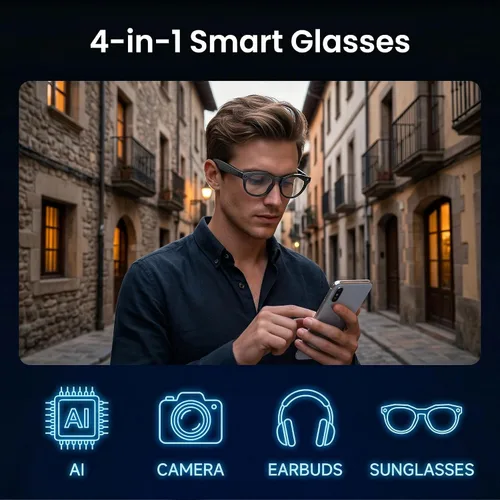 Vista 8 de Lentes inteligentes AI con cámara y video 1080P HD, gafas de grabación de video portátiles, manos libres en primera persona para Vlog en vivo