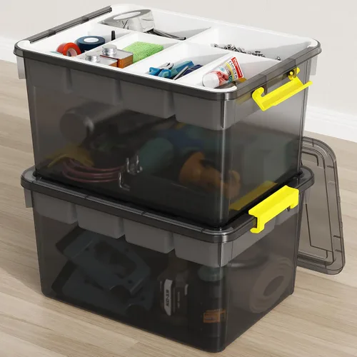 Vista 11 de Contenedor de almacenamiento apilable grande de 40 cuartos de galón con tapa y bandeja, organizador de plástico transparente con divisor portátil