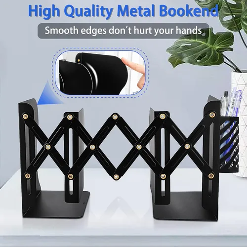 Vista 4 de Extremos de libros resistentes para sostener libros con soporte para bolígrafos, sujetalibros ajustables, extremos de metal para estantes, soportes