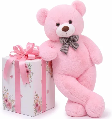 Vista 8 de Oso de peluche marrón gigante, animal de peluche grande de 47 pulgadas, material de felpa suave, estilo clásico con lazo a cuadros, para acurrucarse
