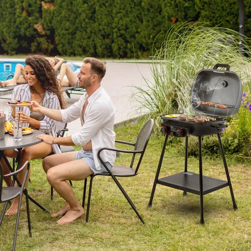 Vista 11 de Royal Gourmet GT2003 Parrilla portátil de gas propano de 2 quemadores con soporte y rejilla calefactora, combo de parrilla y plancha 2 en 1