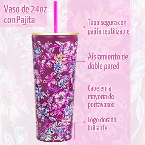 Vista 2 de Lilly Pulitzer Vaso de doble pared con tapa y popote reutilizable, vaso de viaje aislado con capacidad para 24 onzas, cereza amarena