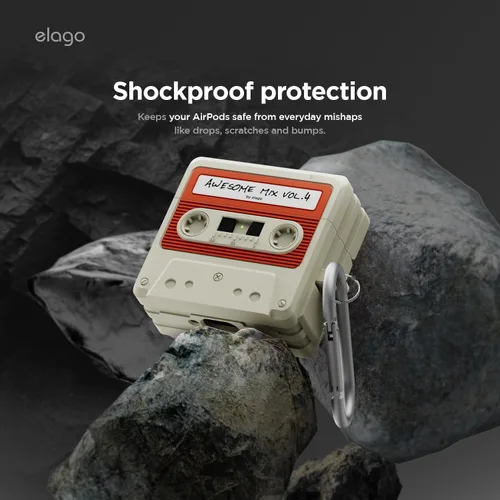 Vista 5 de elago Funda de Cinta de Casete Compatible con Estuche AirPods 4 - Mosquetón Incluido, Soporta Carga Inalámbrica, Resistente a Golpes, Protección