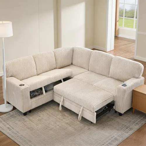 Vista 7 de ERYE L-Shaped Convertible Sofa Bed W/Pull Out Sleeper Couch Bed, 81" Plush Corduroy Sectional Couch with Symmetrical Corner Sectional Sleeper Sofa