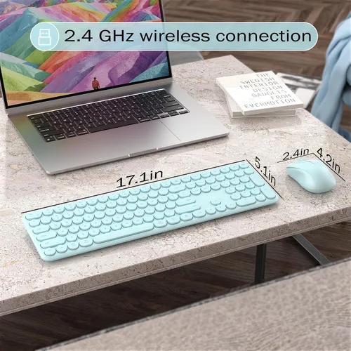 Vista 6 de Combo de teclado y mouse inalámbricos, 110 teclas silenciosas redondas, mouse óptico ajustable, 1 receptor USB, interruptor de alimentación