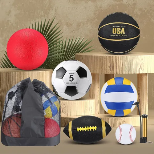 Vista 4 de Leyndo Juego de 18 Pelotas Deportivas a Granel Baloncesto Fútbol Americano Voleibol Fútbol Soccer Parque Infantil Béisbol con Bolsa de Equipo