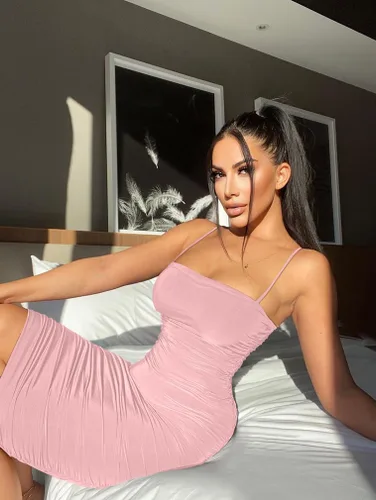 Vista 5 de BEAGIMEG Vestido sexy ajustado sin mangas con tirantes delgados para mujer, fruncido, para club, fiesta, cóctel, vestido midi