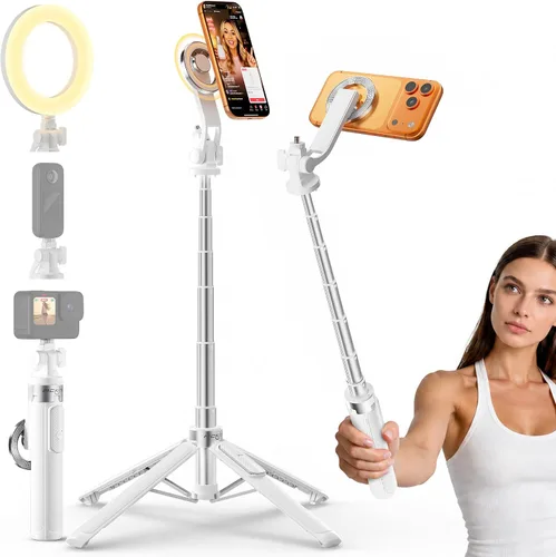Vista 11 de Trípode magnético 4 en 1 para iPhone con tornillo de 1/4 pulgadas, trípode MagSafe Selfie Stick de 53 pulgadas con control remoto inalámbrico