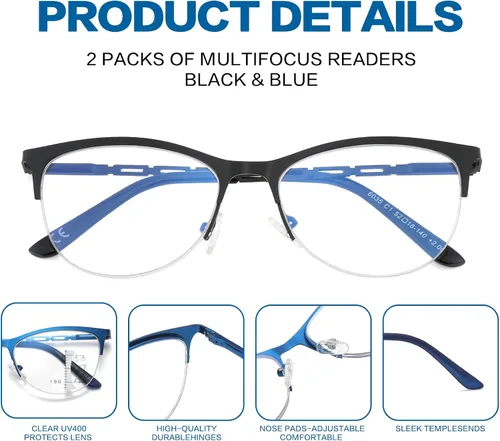 Vista 5 de Gafas de lectura multifocales para mujer, progresivas multifocales, luz azul, lector de computadora, ojo de gato, metal, medio marco, sin línea